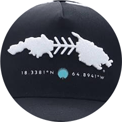 A black baseball cap with a 3D puff embroidery showing a stylized fish skeleton above GPS coordinates.