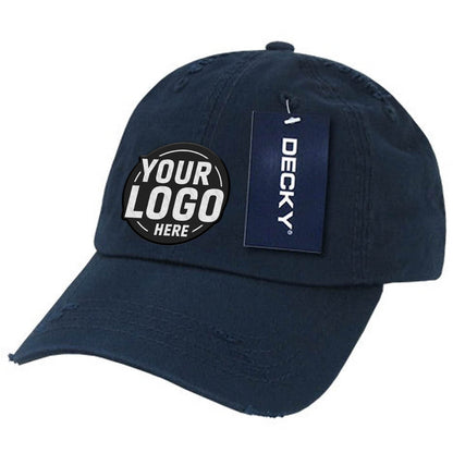 Custom Embroidered Decky 959 - 6 Panel Low Profile Relaxed Vintage Dad Hat, Distressed Dad Cap