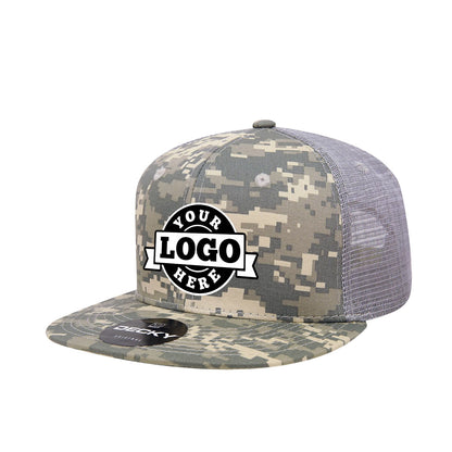 Custom Embroidered Decky 1055 - Camo Flat Bill Trucker Hat, Camouflage 6 Panel Trucker Cap