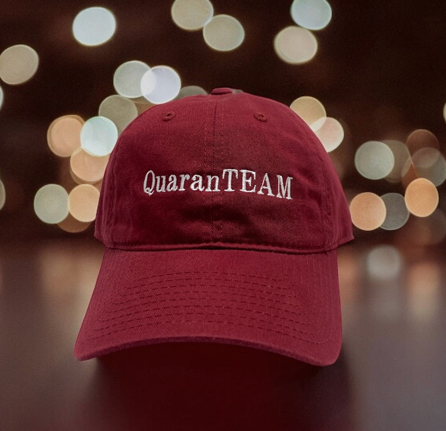 Maroon hat with 'QuaranTEAM' embroidered on the front.