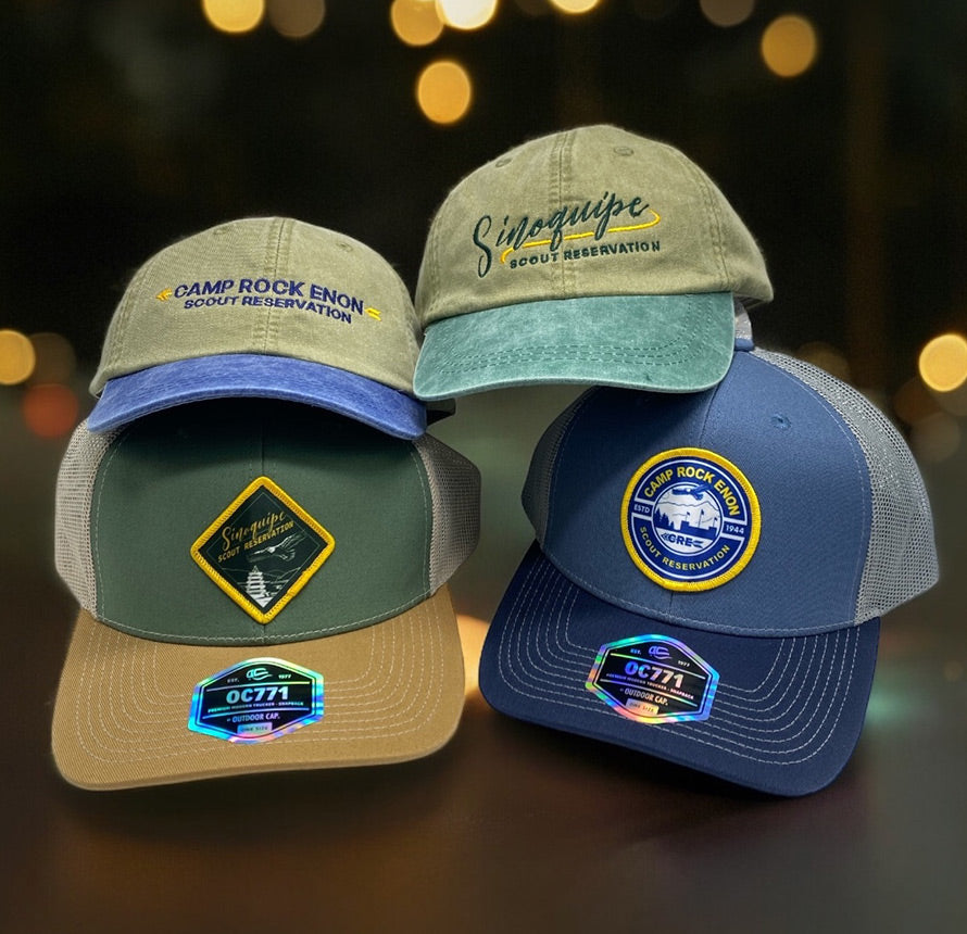 Assorted Scout Reservation hats from Camp Rock Enon and Sinoquipe.