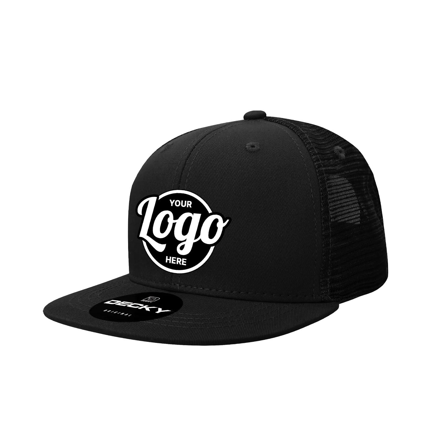 Decky 1052 Panel Trucker Hat Flat Bill Snapback Blank Black