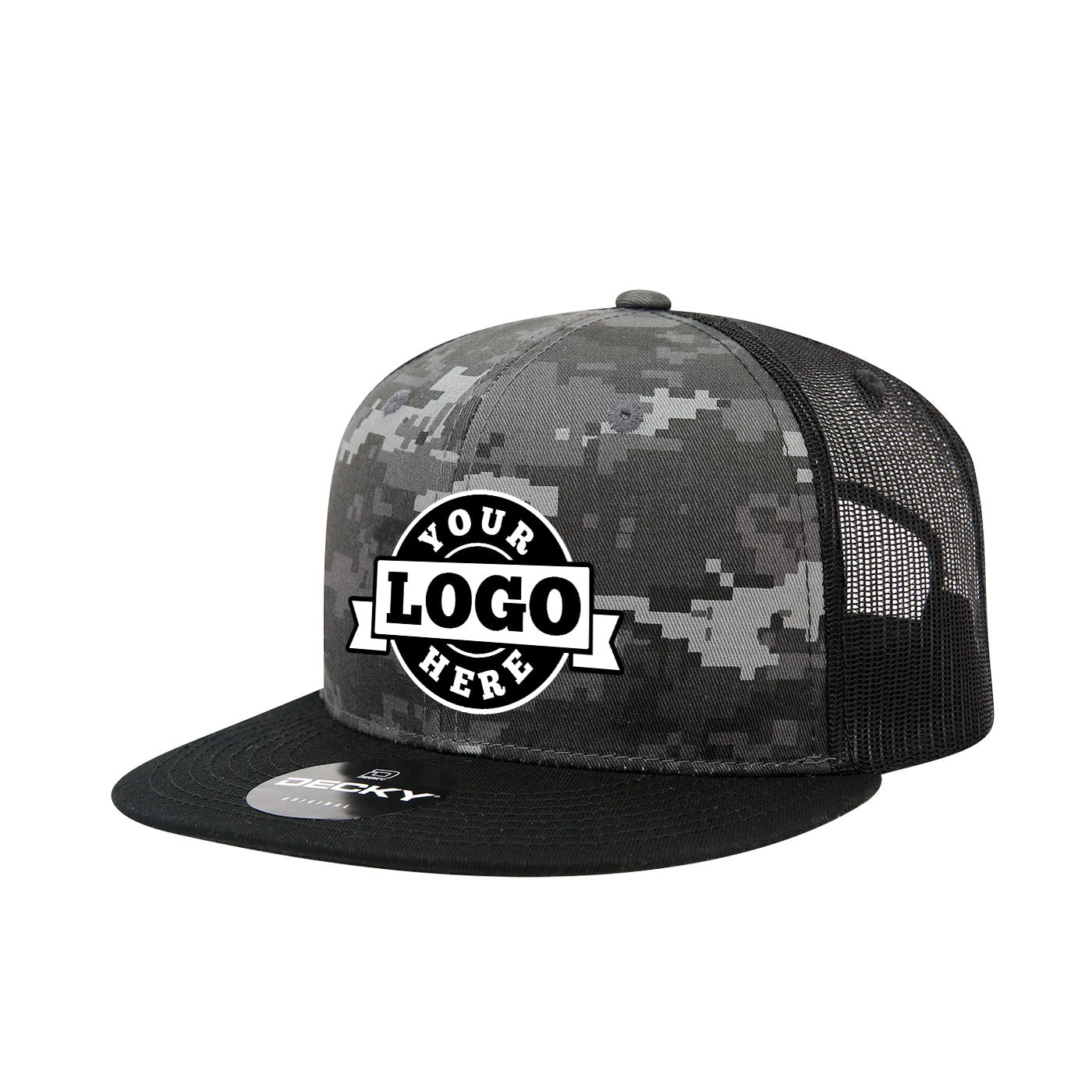 Custom Embroidered Decky 1055 - Camo Flat Bill Trucker Hat, Camouflage 6 Panel Trucker Cap