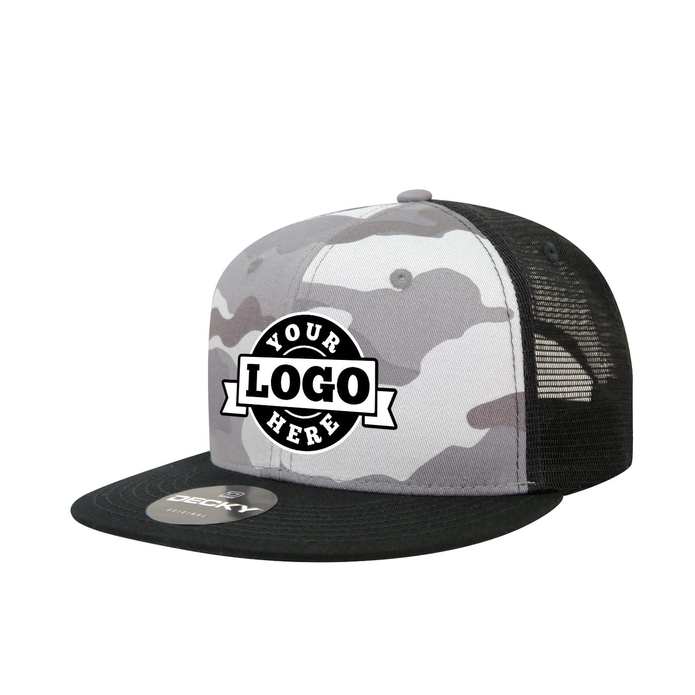 Custom Embroidered Decky 1055 - Camo Flat Bill Trucker Hat, Camouflage 6 Panel Trucker Cap