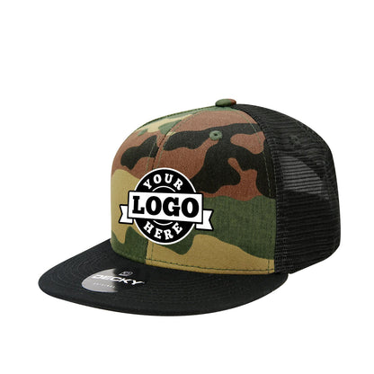 Custom Embroidered Decky 1055 - Camo Flat Bill Trucker Hat, Camouflage 6 Panel Trucker Cap