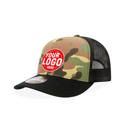 Custom Embroidered Decky 1054 - Camo Curve Bill Trucker Hat, 6 Panel Camo Trucker Cap