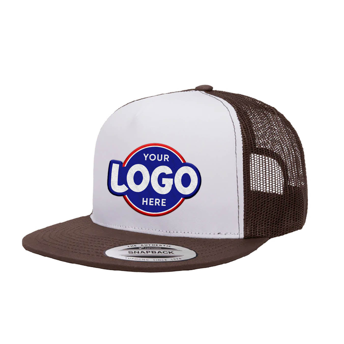 Custom Embroidered Yupoong 6006W Premium Trucker Snapback Hat, Flat Bill Cap, White Front, YP Classics