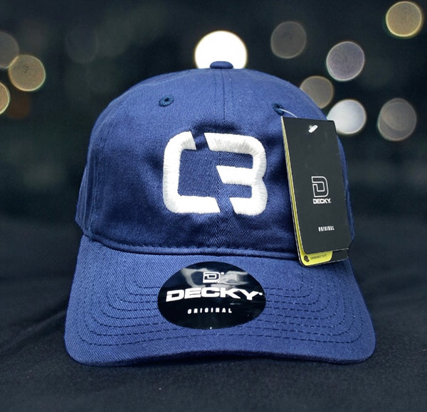 Navy Decky hat with 'C3' logo.