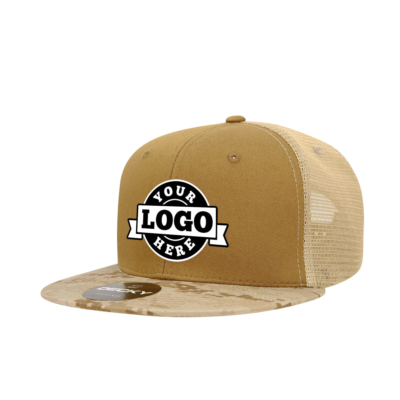 Custom Embroidered Decky 1055 - Camo Flat Bill Trucker Hat, Camouflage 6 Panel Trucker Cap