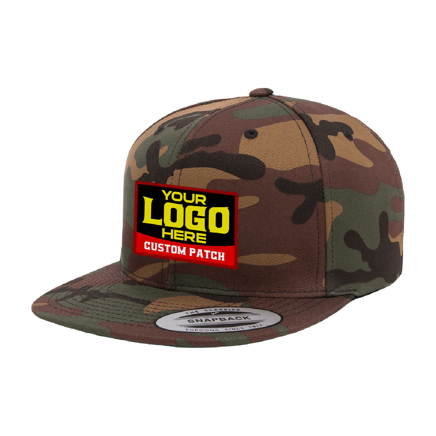 Custom Patch Yupoong 6089CM Camo Snapback Hat, Flat Bill Cap, Camouflage, YP Classics