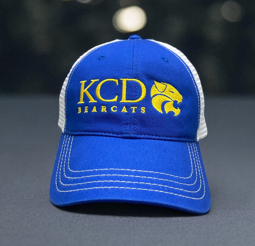 Blue KCD Bearcats hat with a yellow logo and white mesh back.