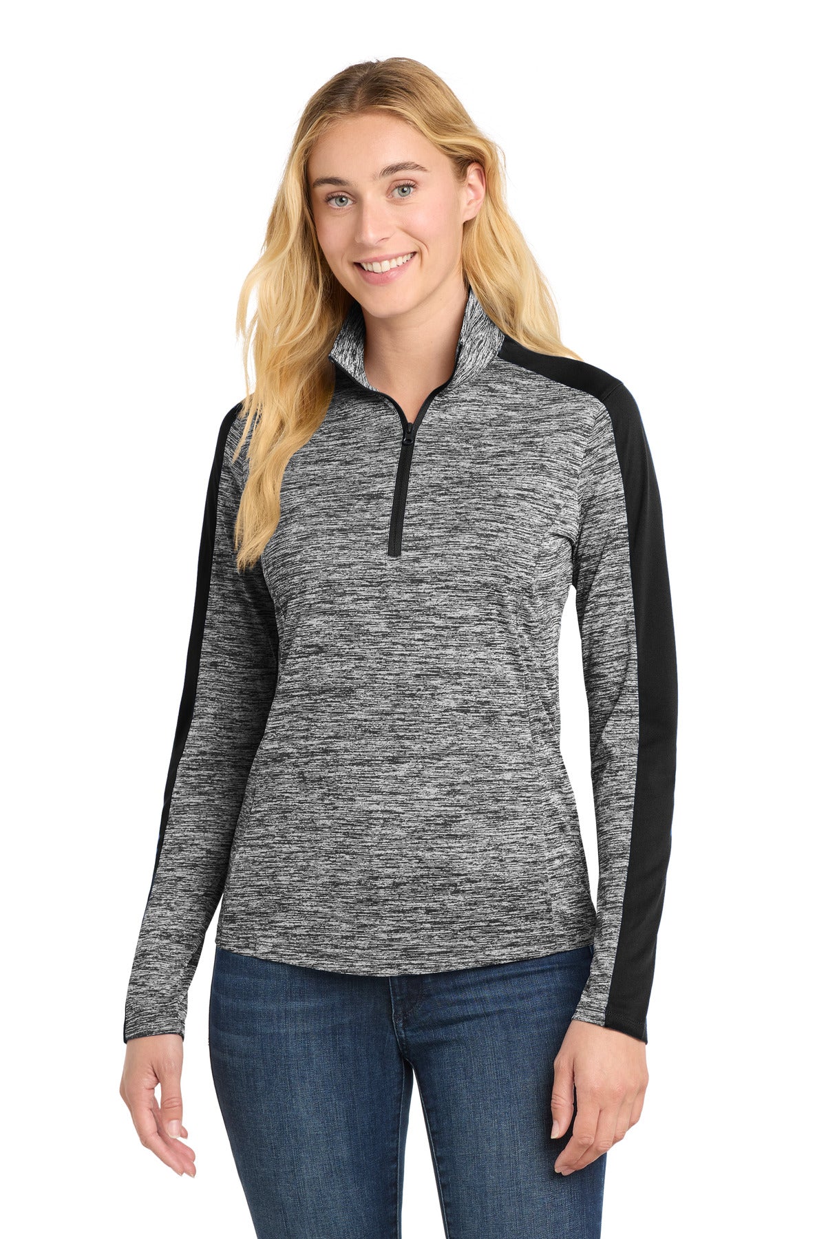 Sport-Tek LST397 Women's PosiCharge   Electric Heather Colorblock 1/4-Zip Pullover