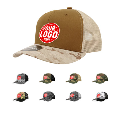 Custom Embroidered Decky 1054 - Camo Curve Bill Trucker Hat, 6 Panel Camo Trucker Cap