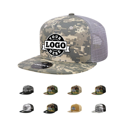 Custom Embroidered Decky 1055 - Camo Flat Bill Trucker Hat, Camouflage 6 Panel Trucker Cap