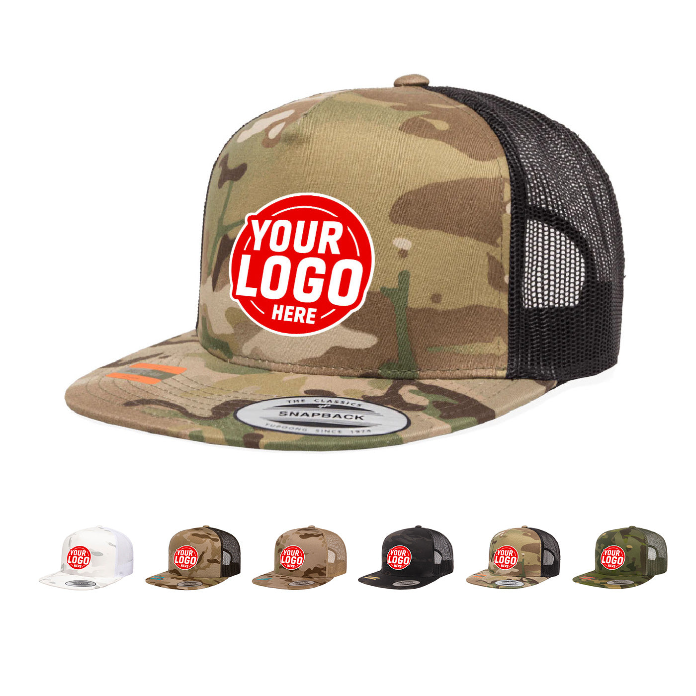 Custom Embroidered Yupoong 6006MC MultiCam Camo Trucker Snapback Hat, Flat Bill, YP Classics