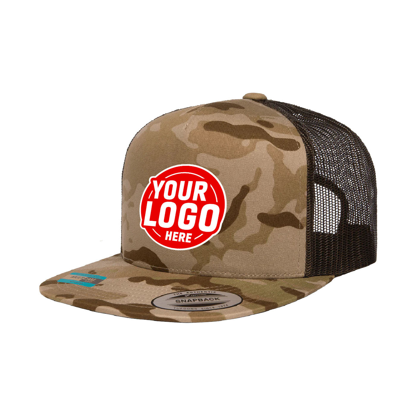 Custom Embroidered Yupoong 6006MC MultiCam Camo Trucker Snapback Hat, Flat Bill, YP Classics