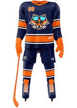 Hockey uniform with navy blue jersey and pants, orange accents.
