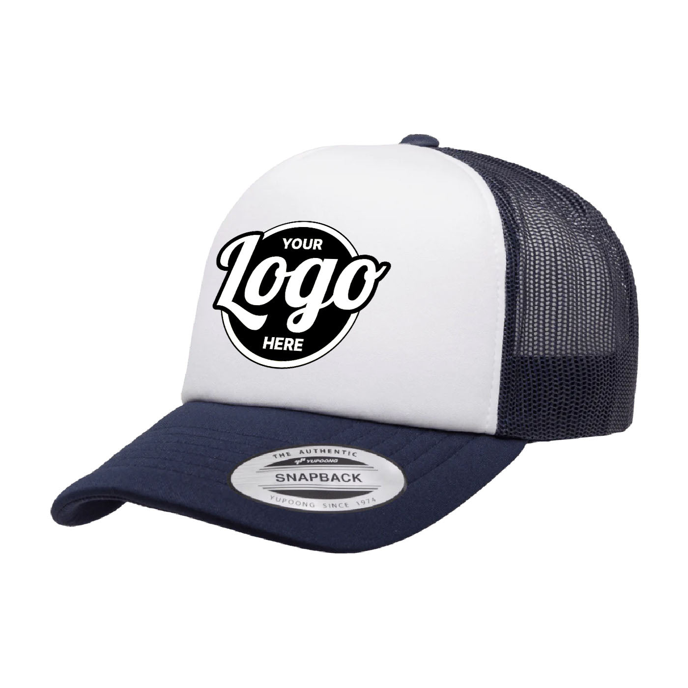 Custom Embroidered Yupoong 6320W Curved Foam Trucker Hat, White Front