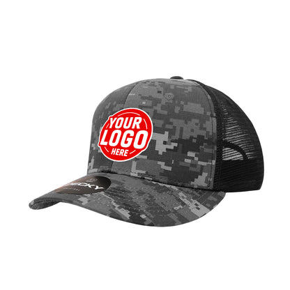 Custom Embroidered Decky 1054 - Camo Curve Bill Trucker Hat, 6 Panel Camo Trucker Cap