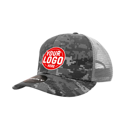 Custom Embroidered Decky 1054 - Camo Curve Bill Trucker Hat, 6 Panel Camo Trucker Cap