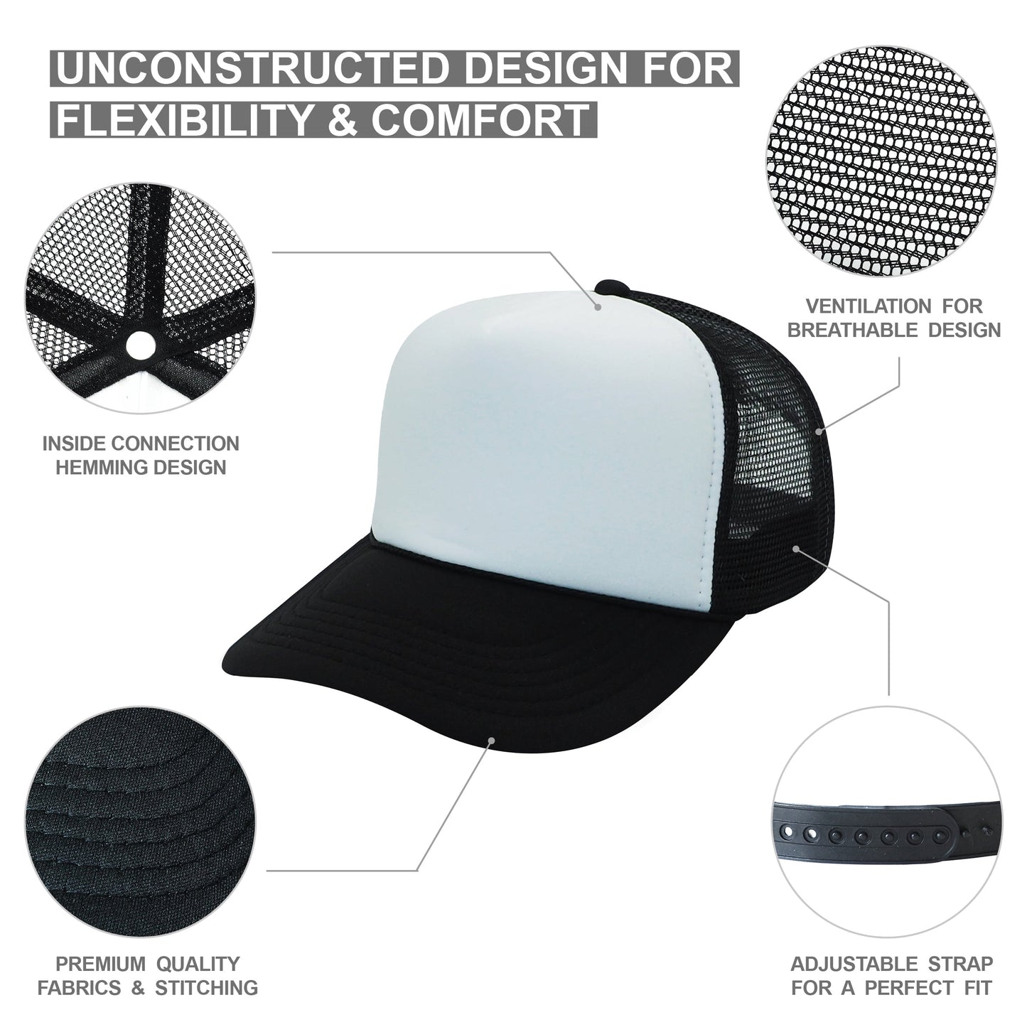 Nissun Classic Trucker Baseball Hats Caps Foam Mesh Blank Solid Two Tone Snapback - Blank