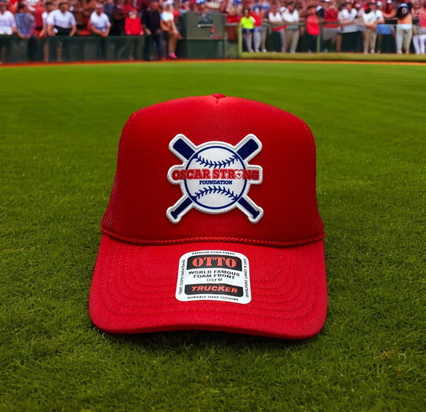 Red OTTO trucker hat featuring the Oscar Strong Foundation logo.