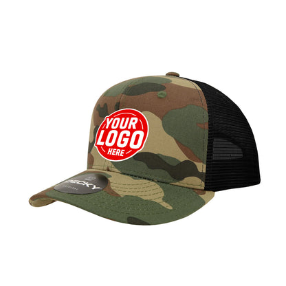 Custom Embroidered Decky 1054 - Camo Curve Bill Trucker Hat, 6 Panel Camo Trucker Cap