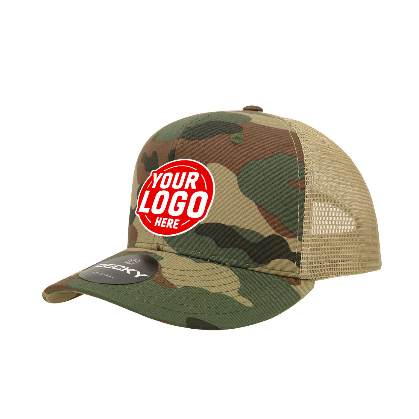 Custom Embroidered Decky 1054 - Camo Curve Bill Trucker Hat, 6 Panel Camo Trucker Cap