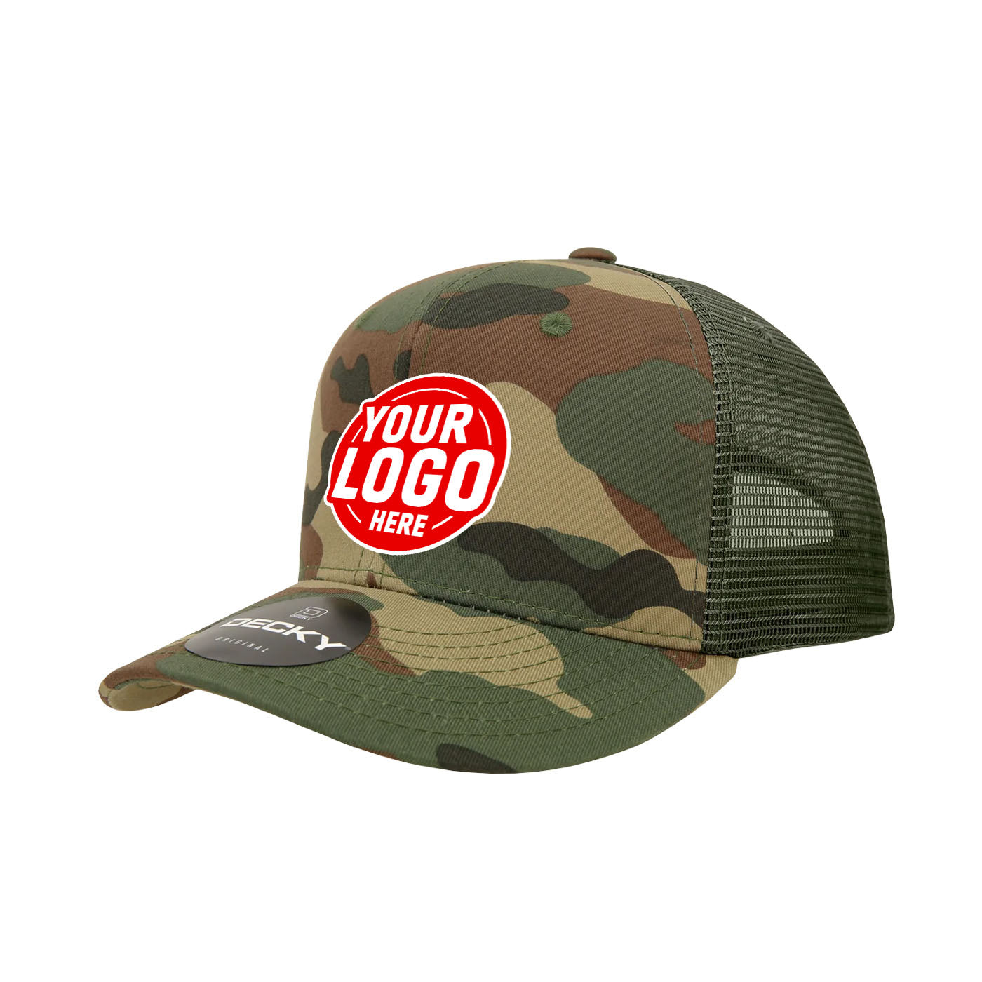 Custom Embroidered Decky 1054 - Camo Curve Bill Trucker Hat, 6 Panel Camo Trucker Cap