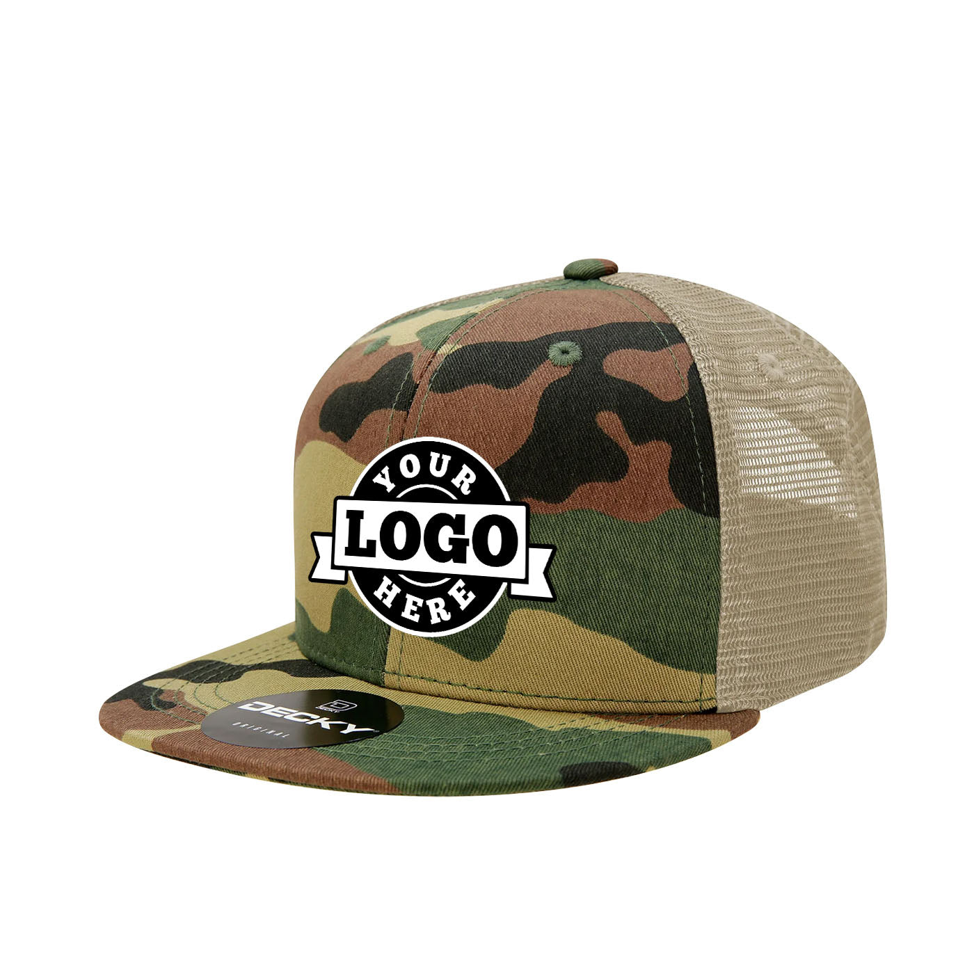 Custom Embroidered Decky 1055 - Camo Flat Bill Trucker Hat, Camouflage 6 Panel Trucker Cap