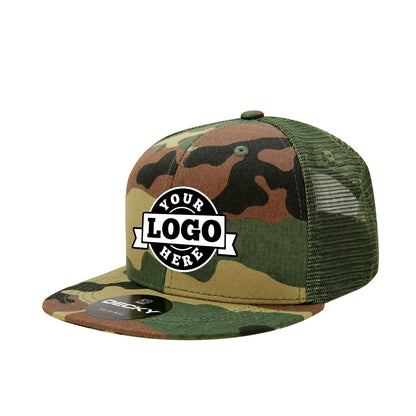 Custom Embroidered Decky 1055 - Camo Flat Bill Trucker Hat, Camouflage 6 Panel Trucker Cap