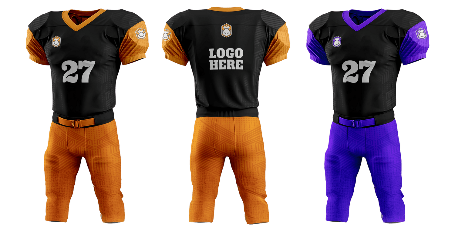 Custom American football uniform with black jersey, orange and purple pants, and team logo for players and sports teams.