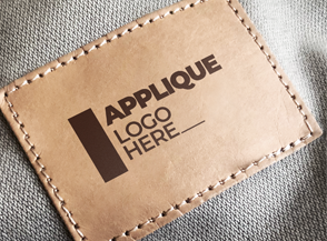 Leather patch with "APPLIQUE LOGO HERE" text.