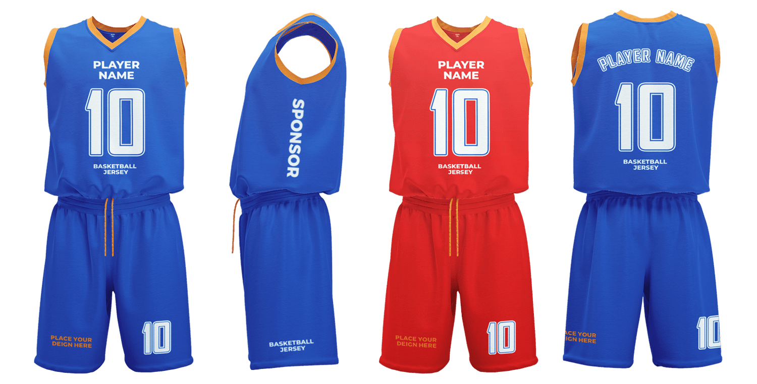 Custom basketball uniform set in blue and red with player name, number, and sponsor logo for team sports and tournaments.