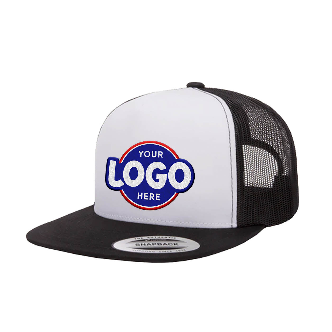 Custom Embroidered Yupoong 6006W Premium Trucker Snapback Hat, Flat Bill Cap, White Front, YP Classics