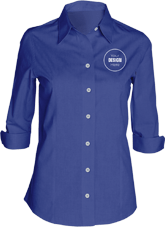 A royal blue women's button-up shirt with a customizable logo badge on the chest.