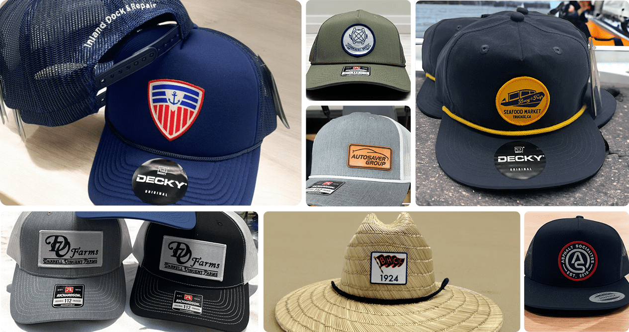 Collage of custom hats featuring various patches and logos, including Decky and Richardson caps, with designs for different brands and industries.