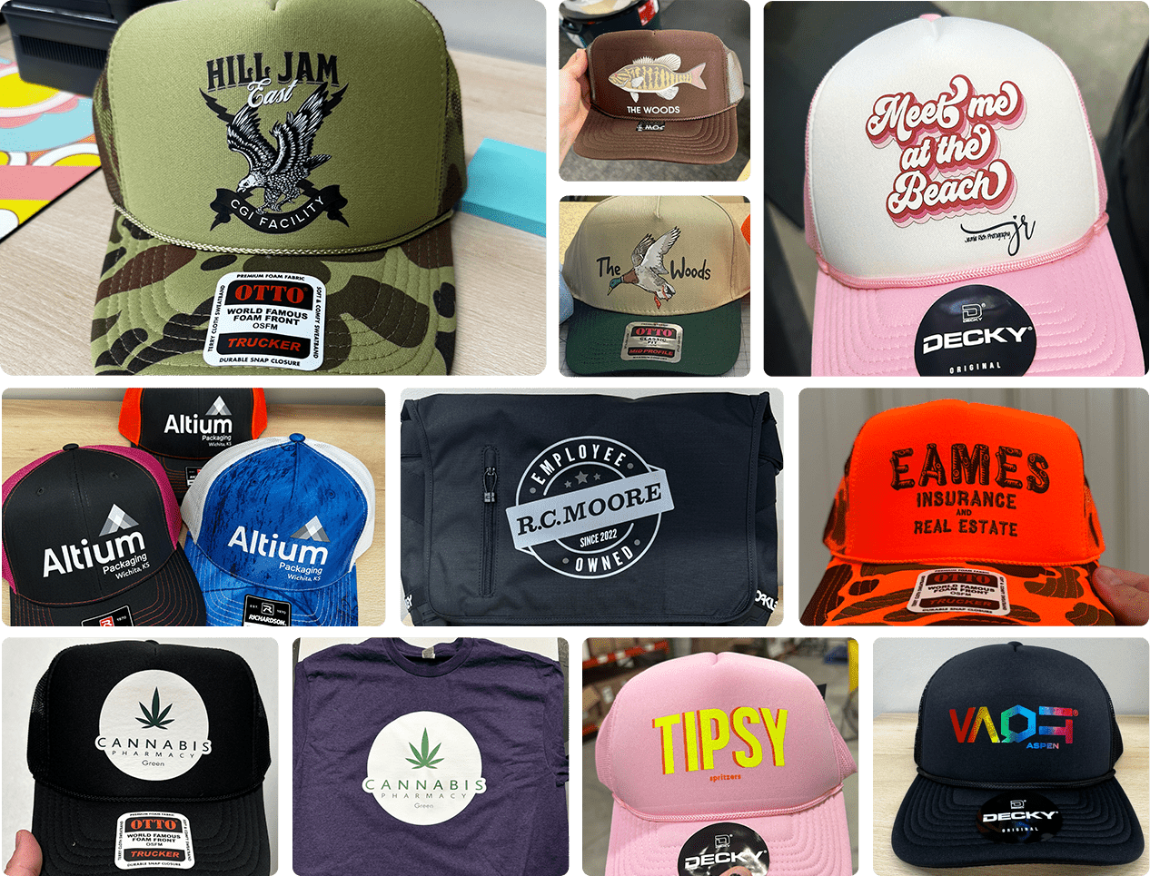 Collage of custom hats and apparel featuring various designs and logos, including brands like Altium, EAMES, and Cannabis Pharmacy, showcasing diverse color and style options.