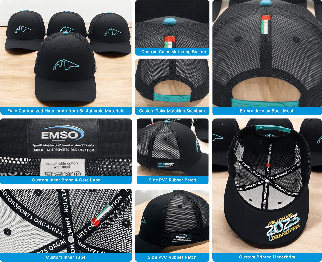 Fully customized black caps featuring EMSO labels, UAE flag embroidery, matching turquoise snapbacks, and 'Abu Dhabi 2023 Grand Prix' print, with different private label options.