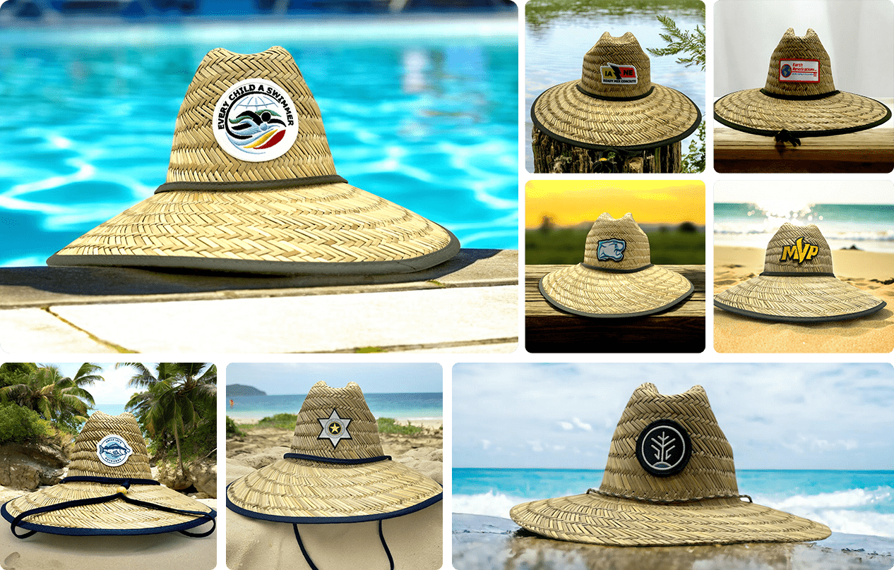 Collage of straw hats with custom embroidered logos, displayed in outdoor settings, including pools, beaches, and tropical landscapes.