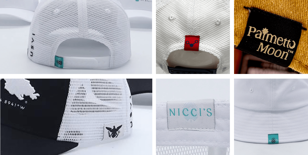 Collage of woven clips on hats featuring brand tags like 'Palmetto Moon' and 'NICCI'S,' showing various label placements on mesh and cotton caps.