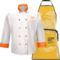 Chef's jacket with orange details and customizable logo, paired with a yellow apron featuring a dragon design and text placeholder.