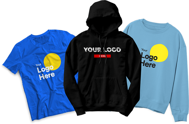 Three apparel mockups with placeholder logos on blue t-shirt, black hoodie, and blue sweatshirt.