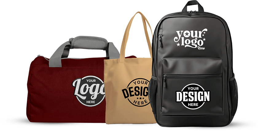 A maroon duffel bag, beige tote bag, and black backpack, each featuring customizable logo and design areas, displayed side by side.