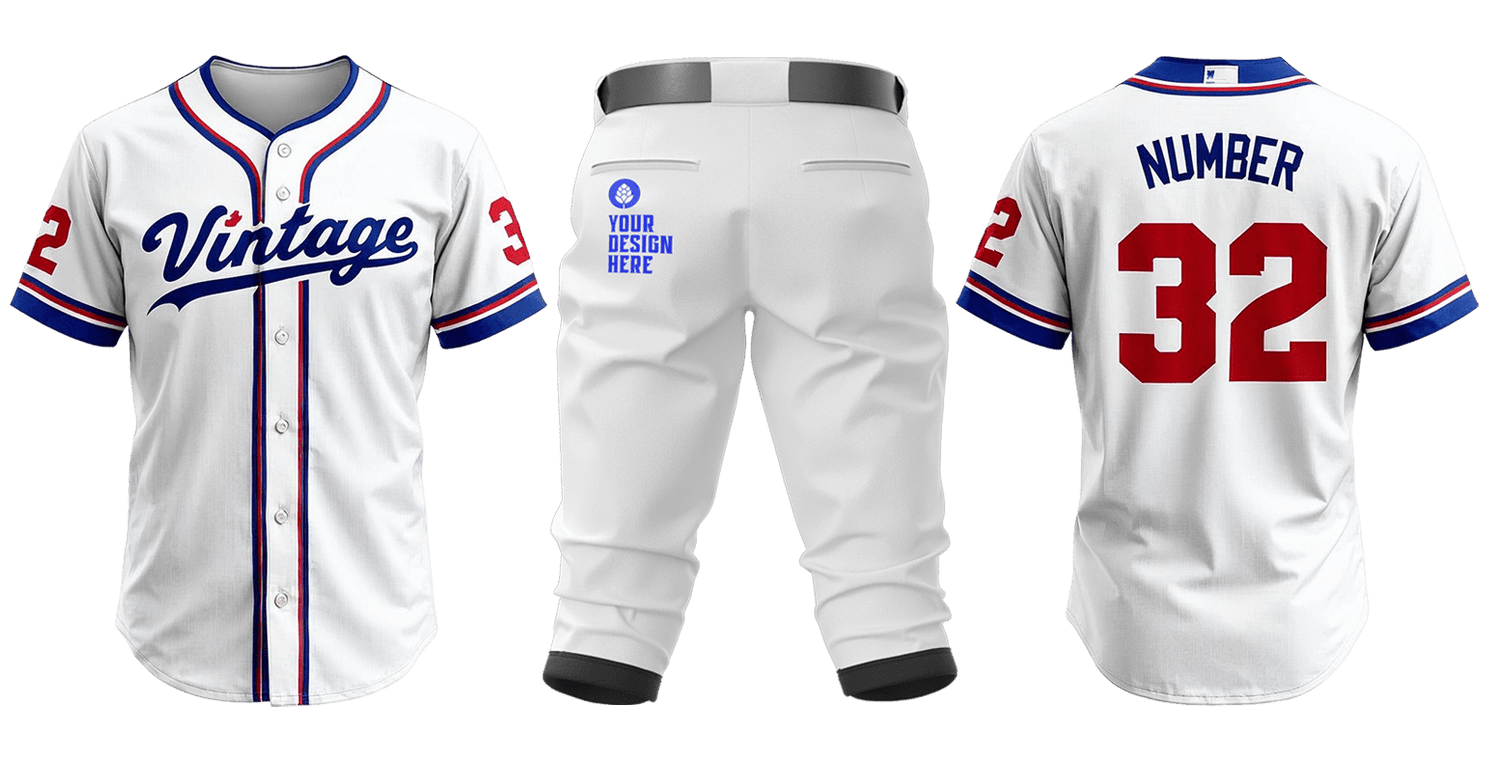 Vintage style custom baseball uniform in white with red and blue accents, jersey and pants for professional and amateur teams.