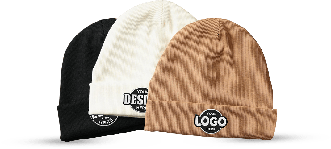 A set of three customizable beanies in black, white, and beige, each featuring a prominent logo or design area on the front cuff.