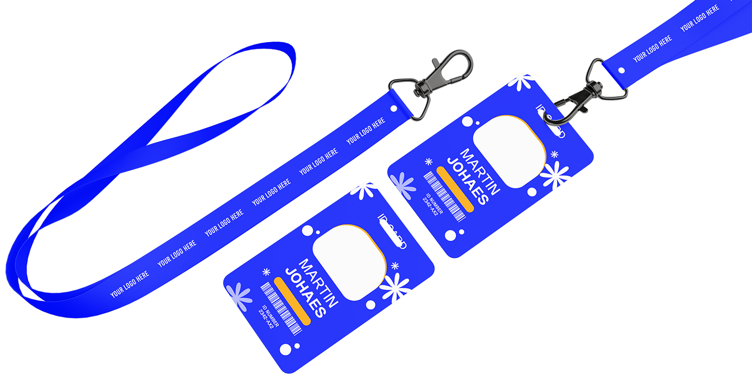 Blue custom ID lanyard with black clips and two matching badge holders, shown with sample logo text and the name Martin Johaes.
