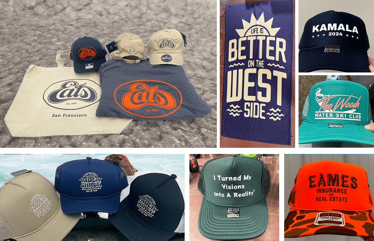 Collection of custom hats, tote bags, and t-shirts with branding for Eats SF, Kamala 2024, Rider Shack, The Woods, and Eames Insurance.