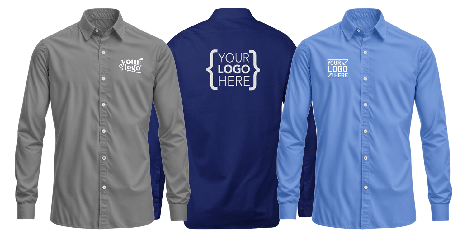 Custom casual button-down dress shirt in gray, navy, and blue with embroidered logo options for workwear and corporate branding.