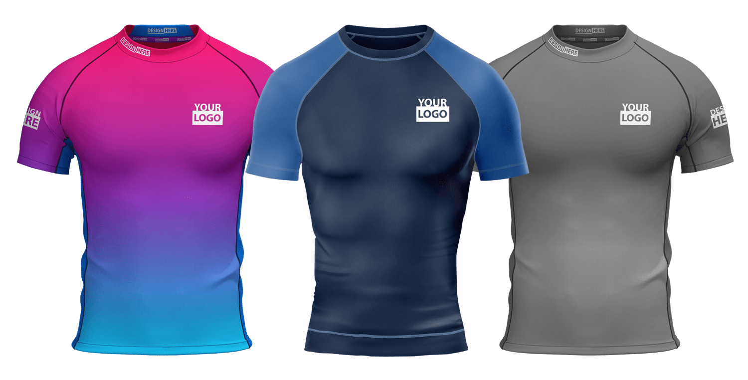 Custom compression shirts in gradient, navy, and gray styles, perfect for training, fitness, and athletic sportswear.